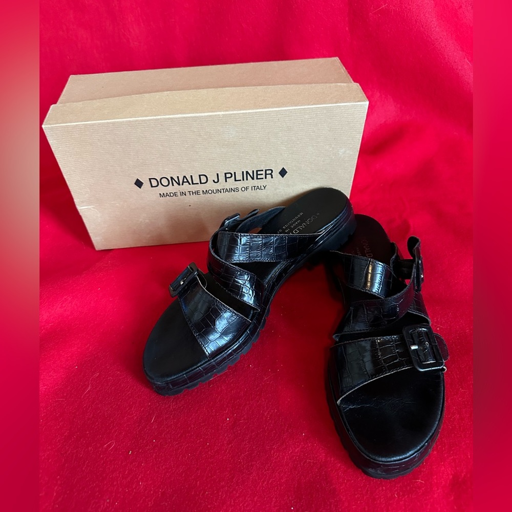 Donald Pliner black faux alligator leather slides.  Size 10